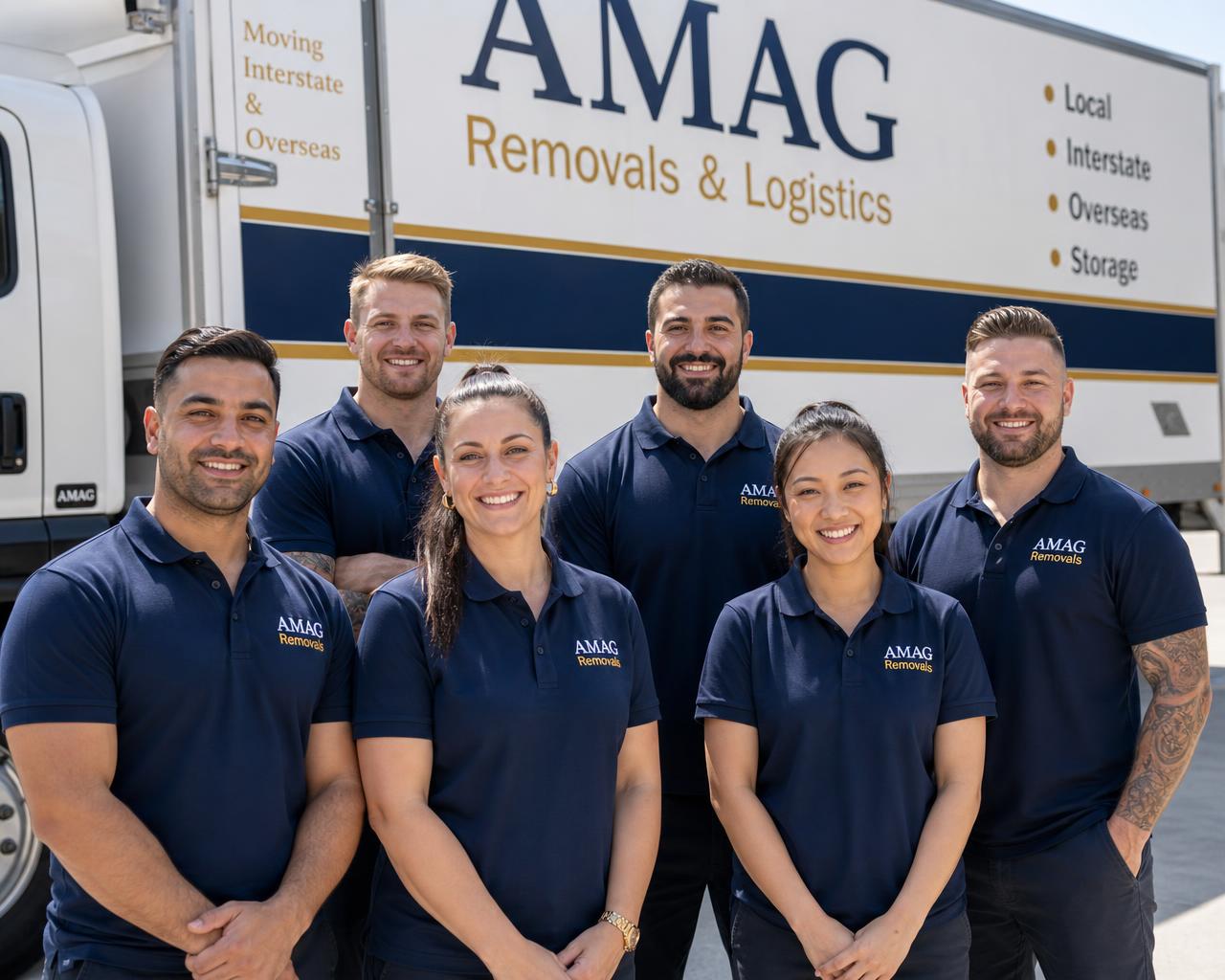 The AMAG Removals team in blue and gold branded uniforms