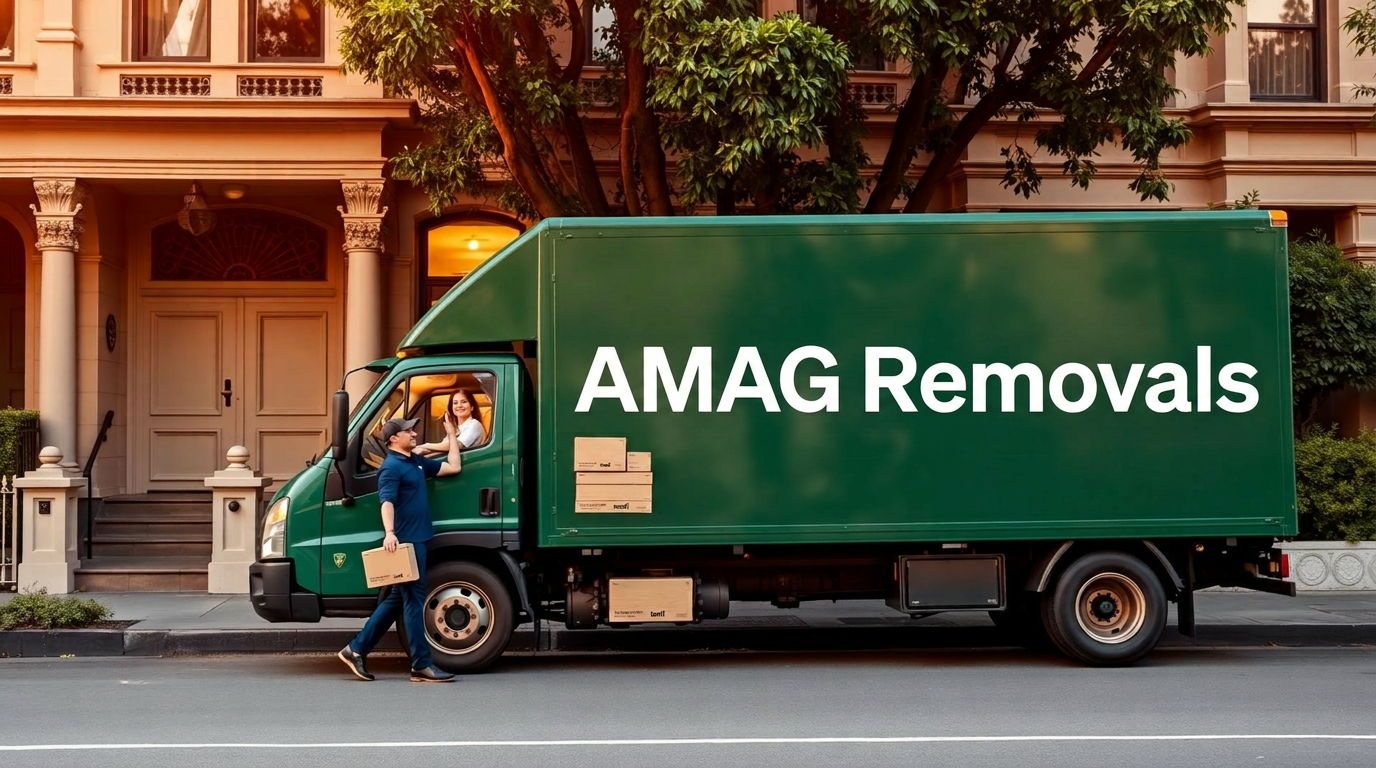 AMAG Removals white pantech truck with blue and gold branding parked outside a Melbourne home