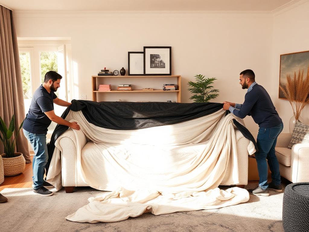 AMAG removalists wrapping a sofa in a Melbourne living room