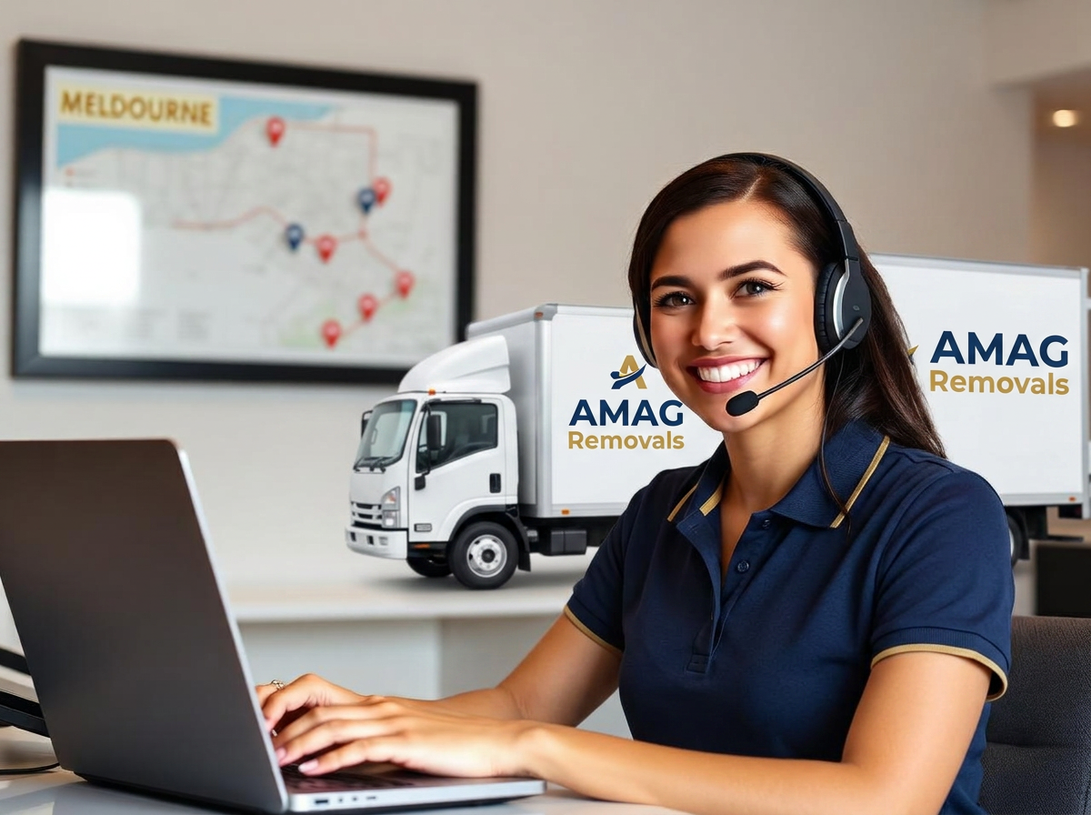 AMAG Removals white truck with blue-and-gold branding on a Melbourne street