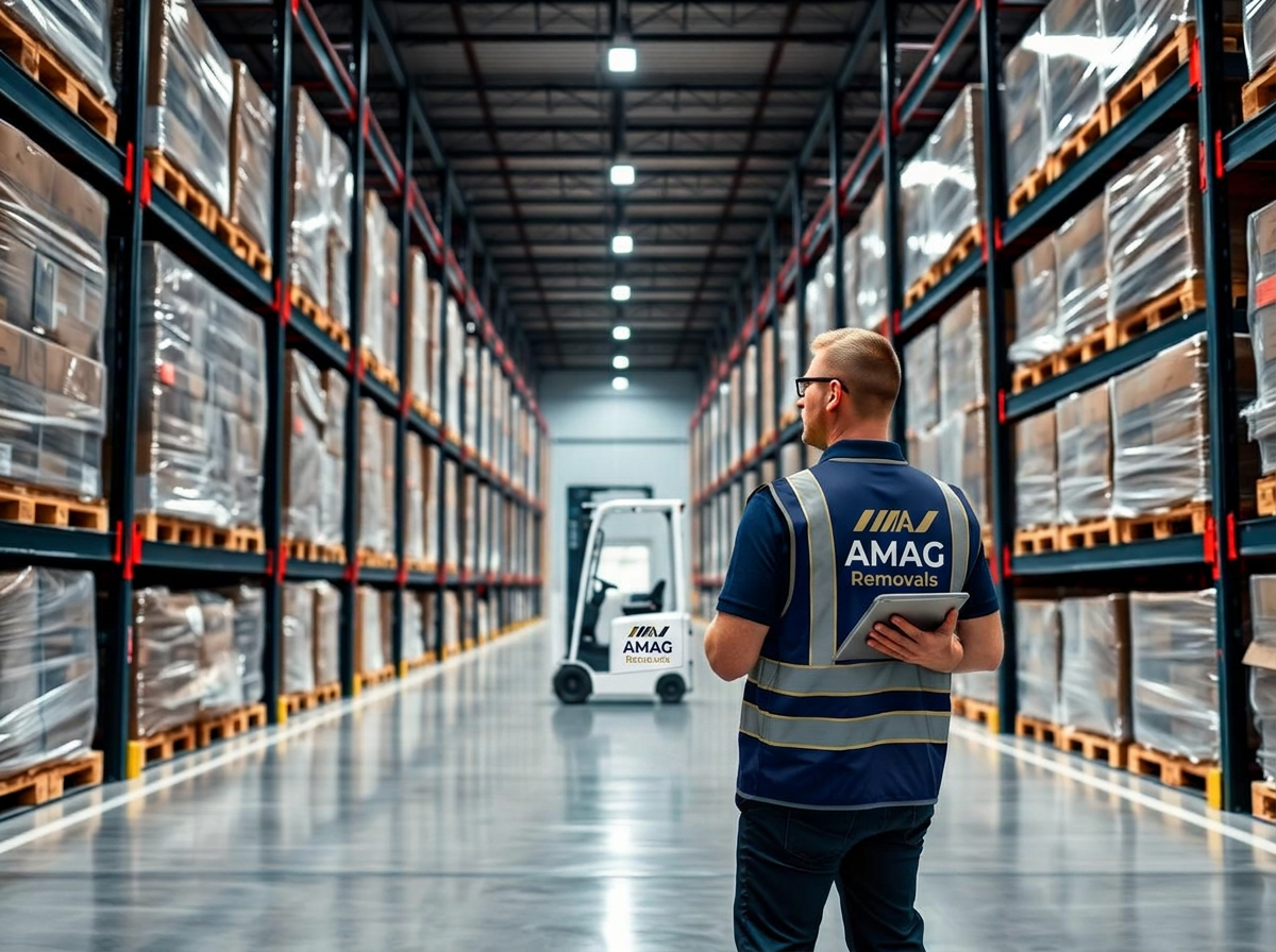 AMAG Removals Melbourne warehouse with racked pallets and bright lighting
