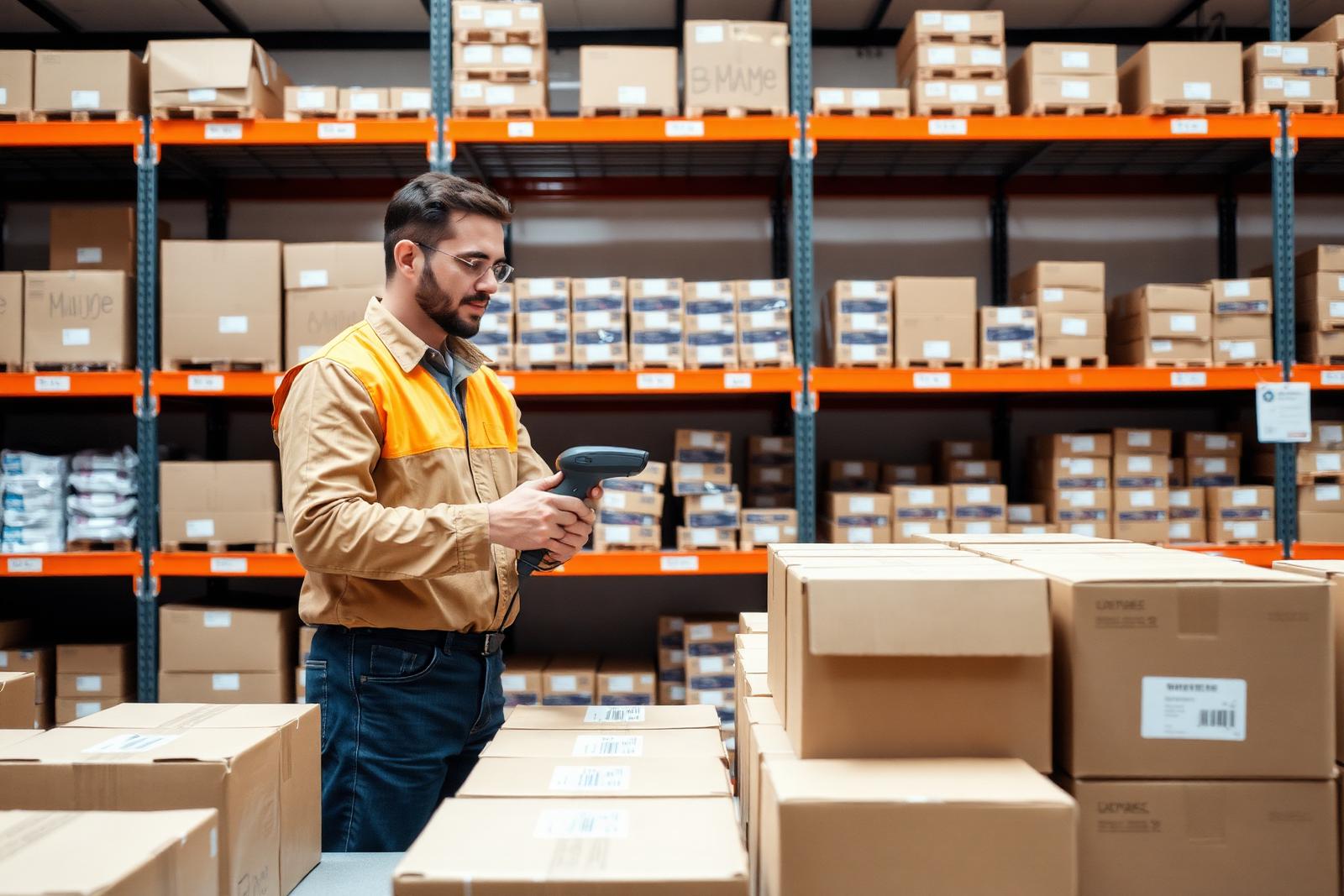 AMAG warehouse pick-and-pack station with shelves of organised stock
