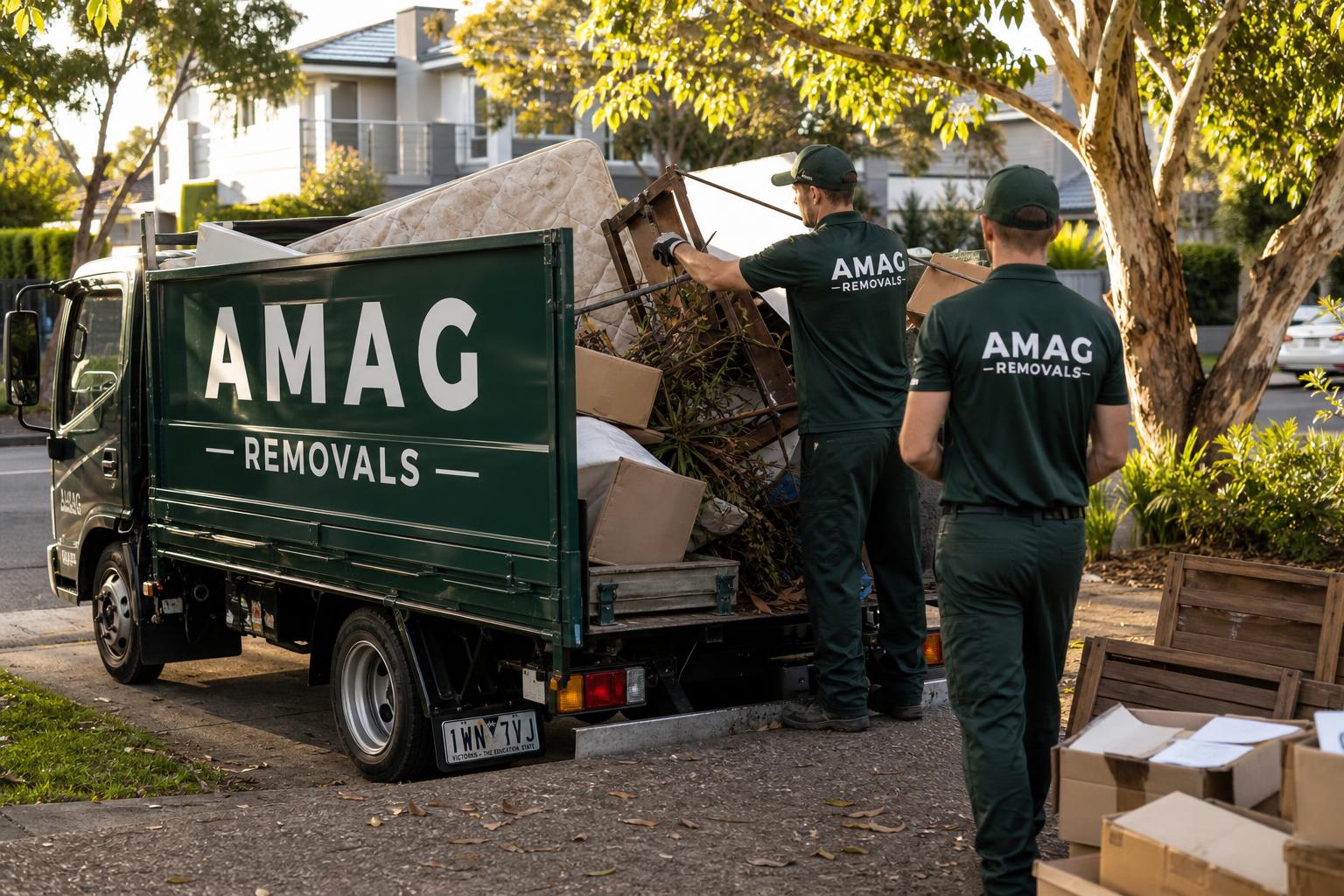 AMAG Removals white tipper with blue and gold branding being loaded with household rubbish in a Melbourne driveway