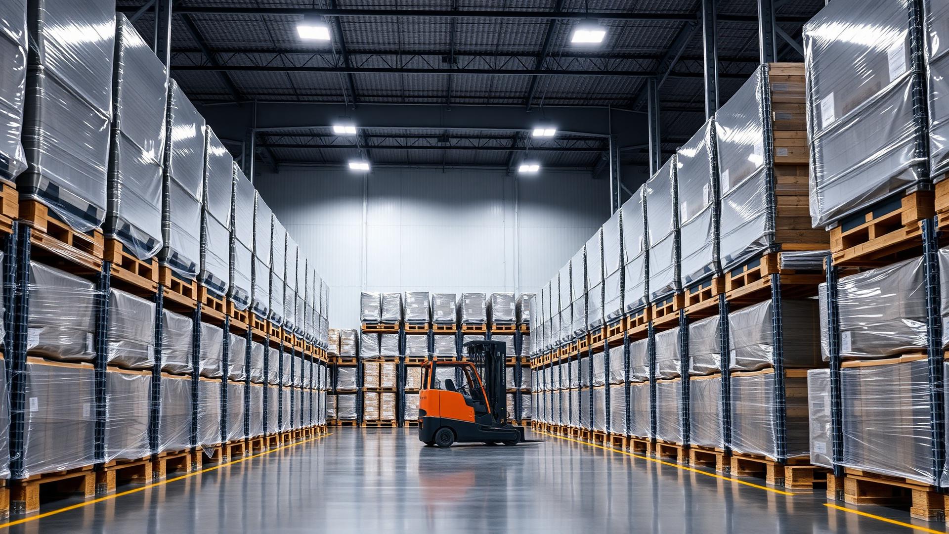 AMAG warehouse interior with racked pallets and blue-and-gold branding